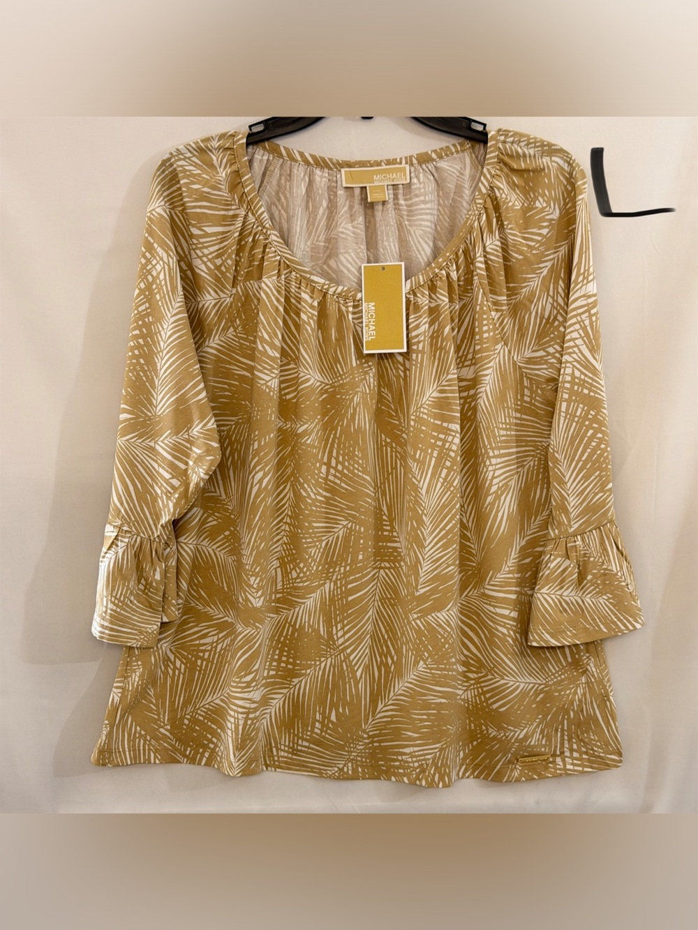 Michael Kors Mustard Palm-Print Scoop Neck Blouse with Ruffle Sleeves